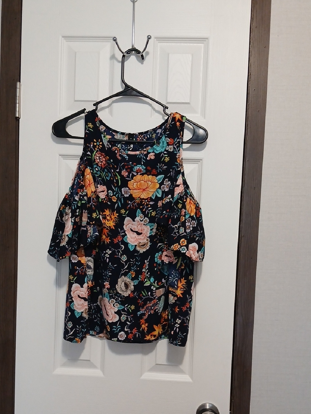 Ing Black Floral Cold-Shoulder Camisole with Multicolor Blooms